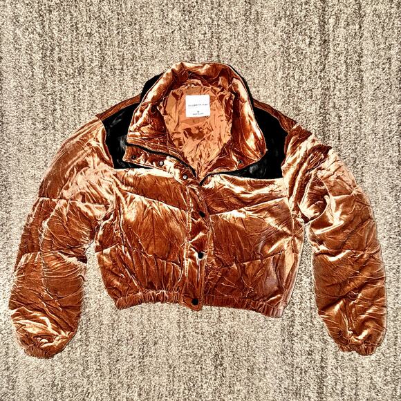 Celebrity Pink Velvet Crop Puffer Jacket Women's Outerwear Coat in Cognac - Picture 5 of 12